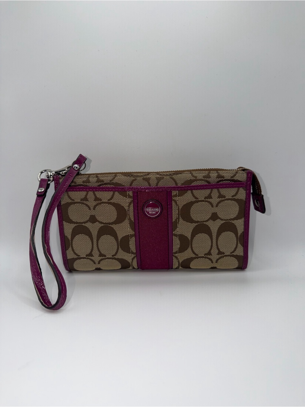 Coach Brown Signature Canvas Wristlet with Magenta Trim